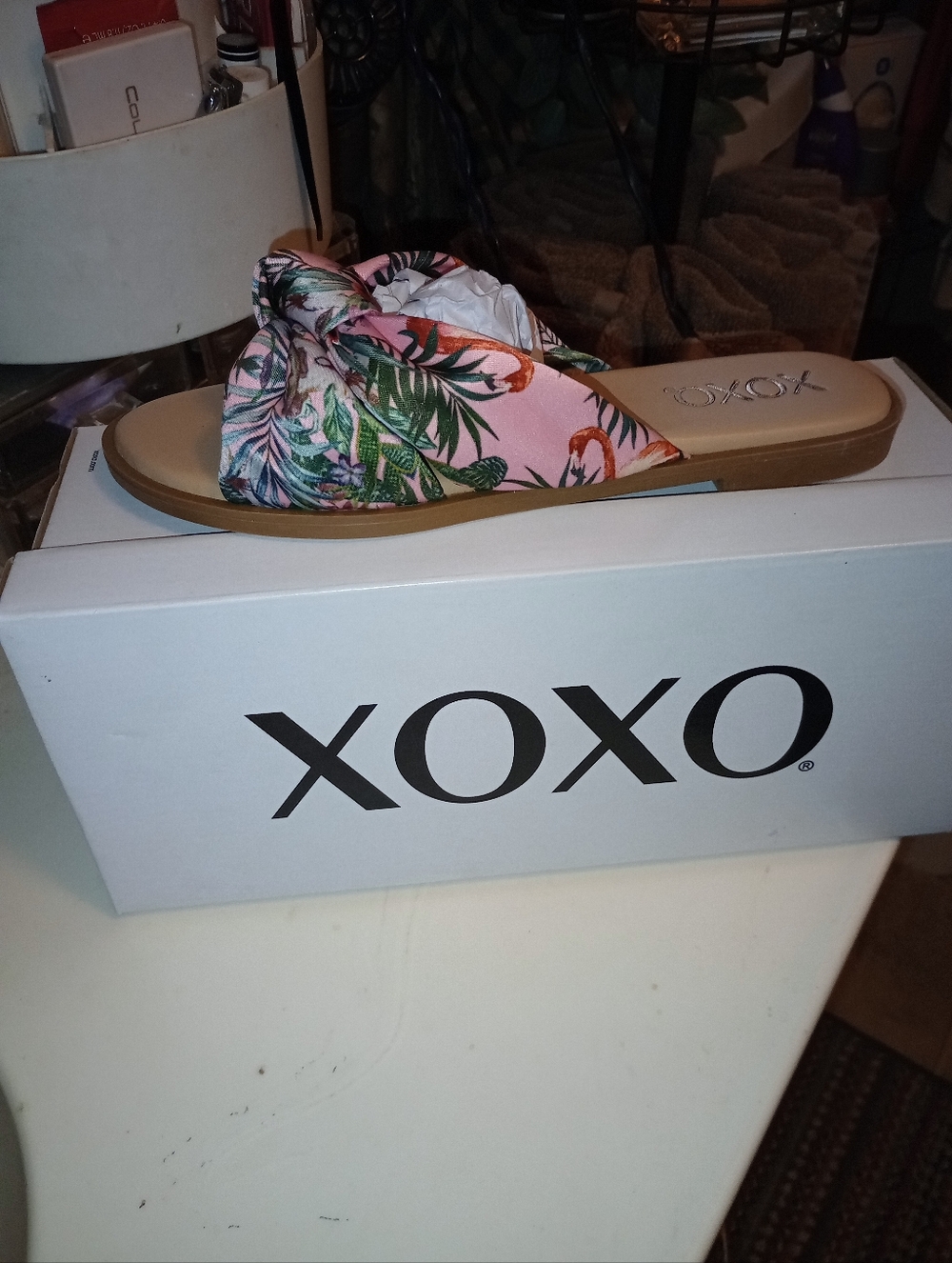 XOXO Women's Pink Tropical Knot Slide Sandals NWT